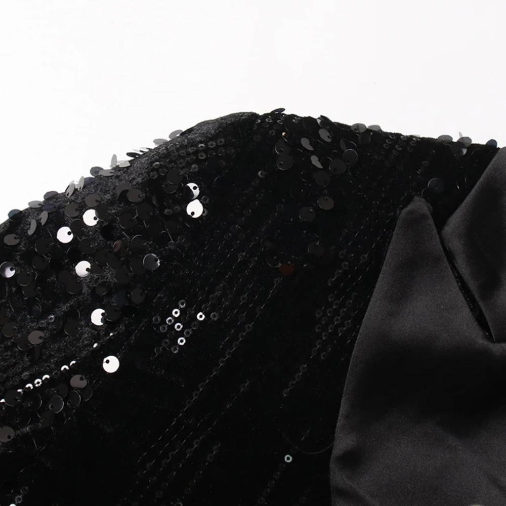 LUXURY SEQUIN SATIN VELVET FEATHER BUTTON CUFF BLAZER - Picture 5 of 9